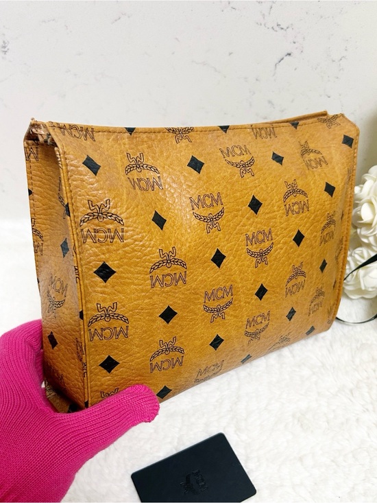 MCM Handbags - Authentic MCM Cognac Classic Monogram XL Cosmetic Bag / Clutch